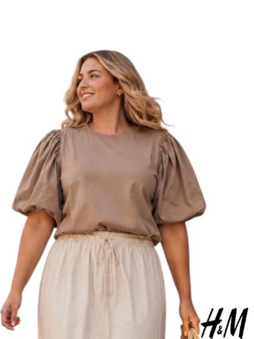 XXL Voluminous Sleeve Short Sleeve Cotton Top in Taupe from H&M